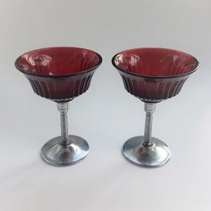 VTG Glass Ruby Red Martini 2 Goblets Chrome Stem Art Deco New Martinsville 1930s